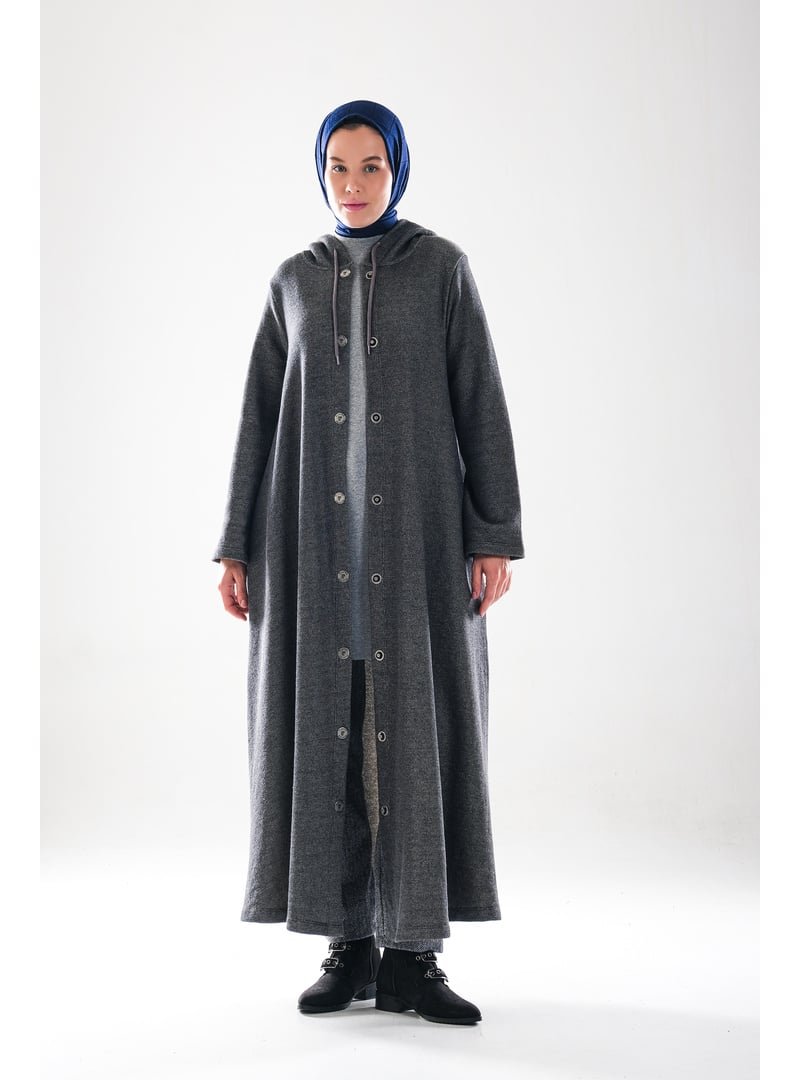 Plistre 2276_ Antrasit Melanj Kapüşonlu Çıtçıtlı İplik Uzun Kap – Cepli Mevsimlik Dış Giyim