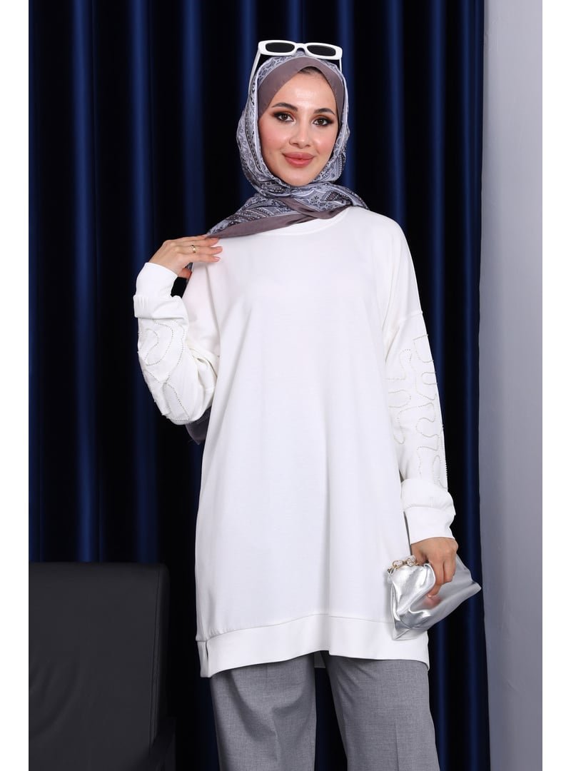 İmaj Butik Ekru Kolu İşlemeli Modal Tunik