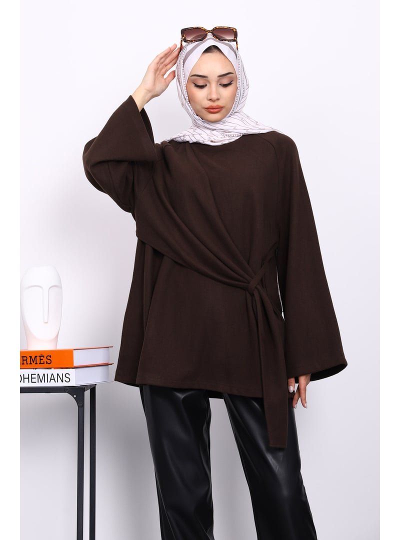 İmaj Butik Kahverengi Yandan Şallı Fitilli Tunik