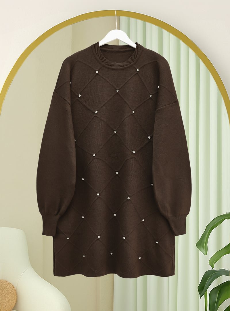 Podyumplus Kahve Taş Detaylı Kare Desenli Triko Tunik Podyumplus Kahve Taş Detaylı Kare Desenli Triko Tunik