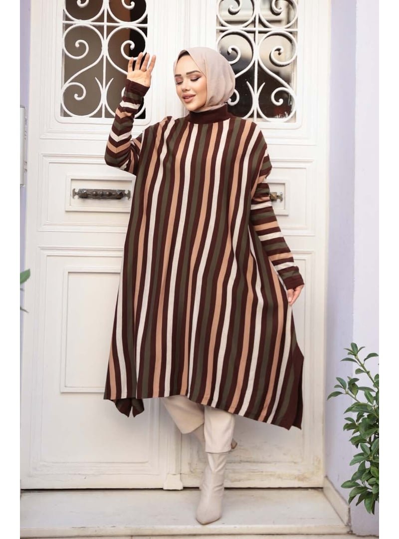 Neva Style Çizgili Kahverengi Triko Panço Tunik 56751kh
