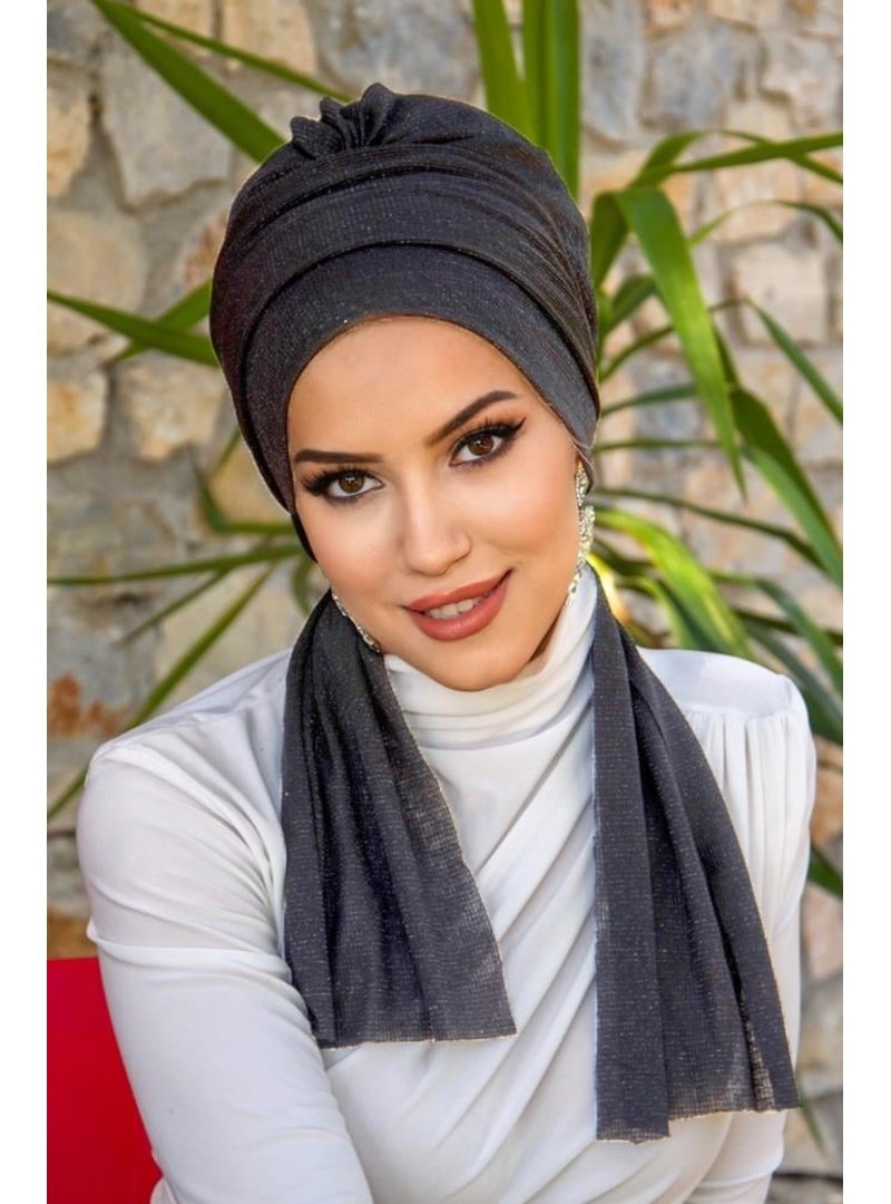 AİŞE TESETTÜR Antrasit Işıltılı Atkılı Bone