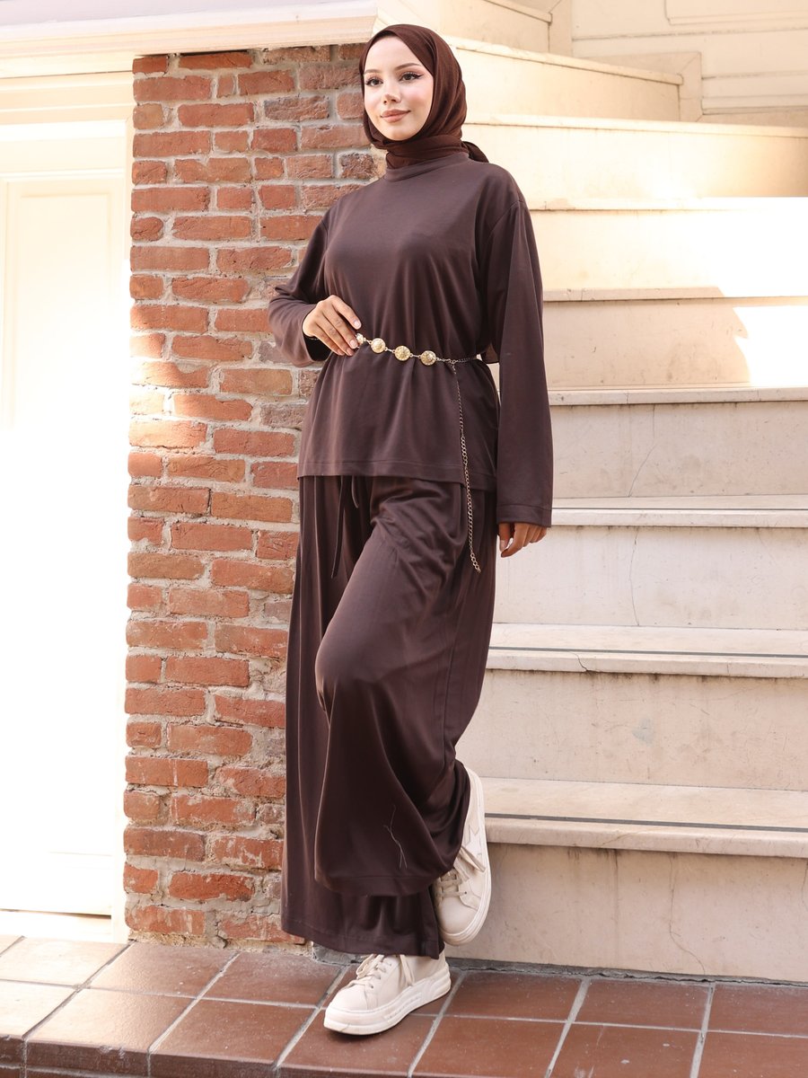 Vav Kahverengi Yırtmaçlı Bluz Pantolontakım Vav Kahverengi Yırtmaçlı Bluz Pantolontakım