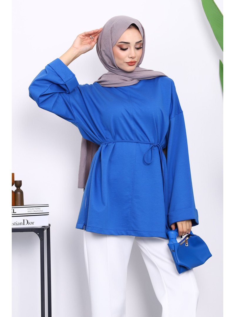 İmaj Butik Saks Mavi Yanları Yırtmaçlı Bel İpli Tunik