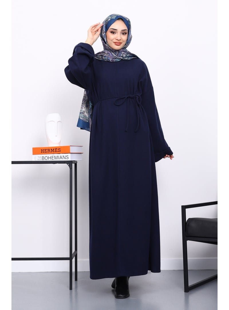 İmaj Butik Lacivert Önü Dikişli Oversize Dokulu Elbise