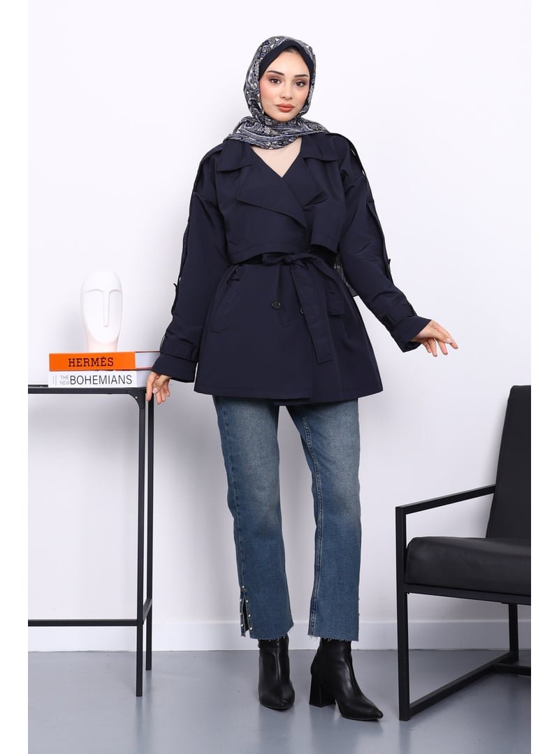 İmaj Butik Lacivert Kruvaze Yaka Astarlı Kısa Trençkot İmaj Butik Lacivert Kruvaze Yaka Astarlı Kısa Trençkot