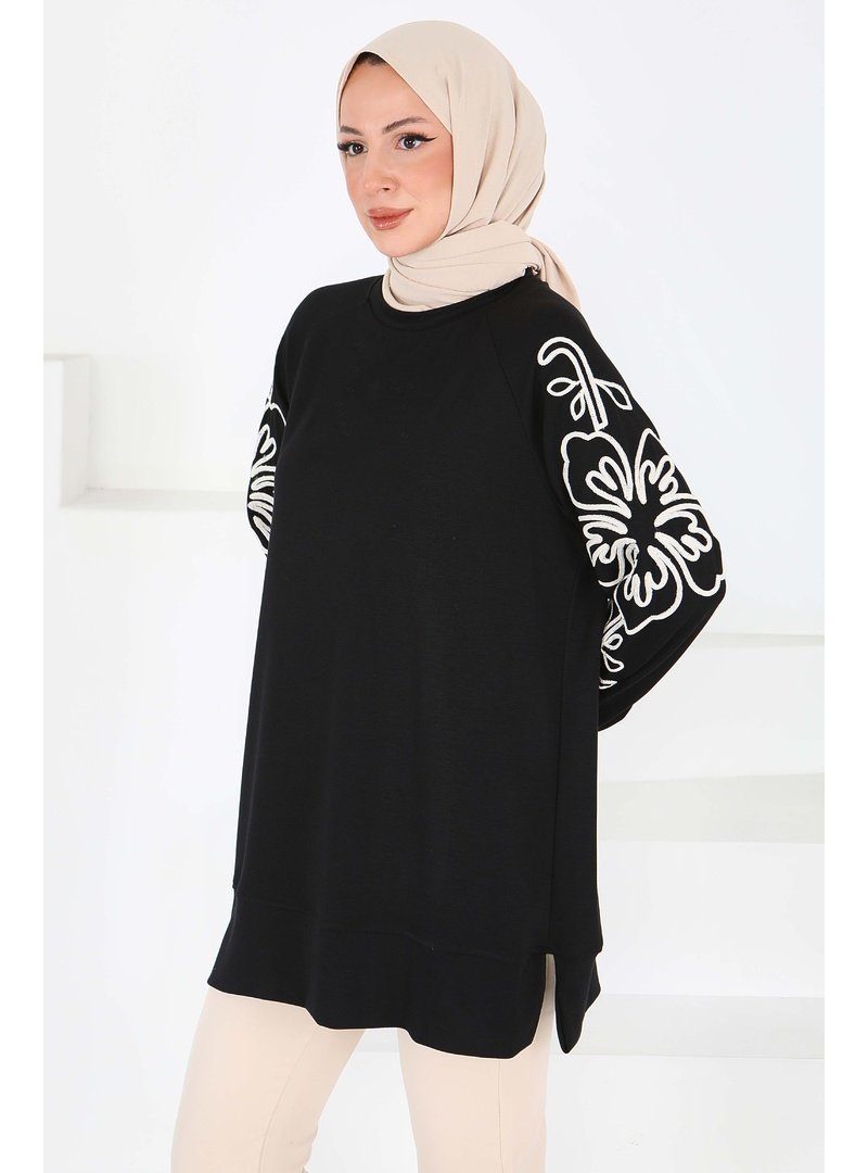 Tofisa Siyah Kolları Nakış Detaylı Modal Tunik