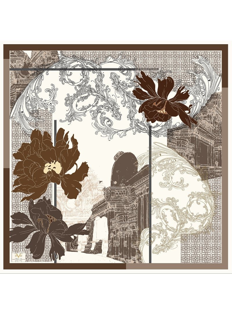 19v69 ITALIA Desenli Kışlık İtalyan Şifon Eşarp Askısı İle Birlikte 110x110 Cm Kahve