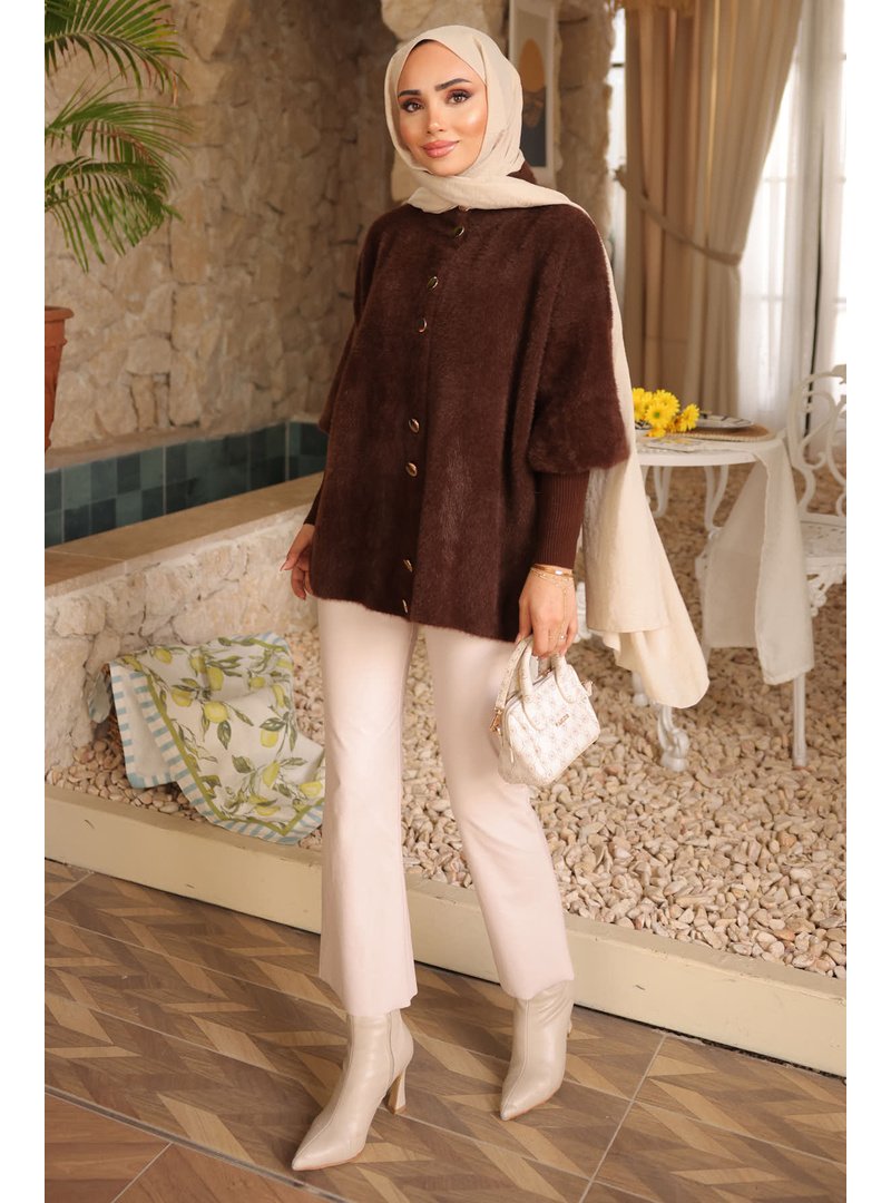 İmaj Butik Kahverengi Dik Yaka Angora Yumoş Hırka