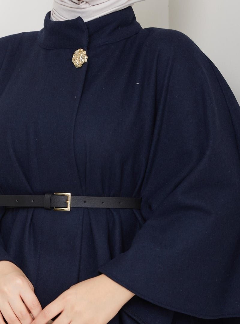 Nergis Neva Kaşe Sarı Dügmeli Deri Kemerli Panço