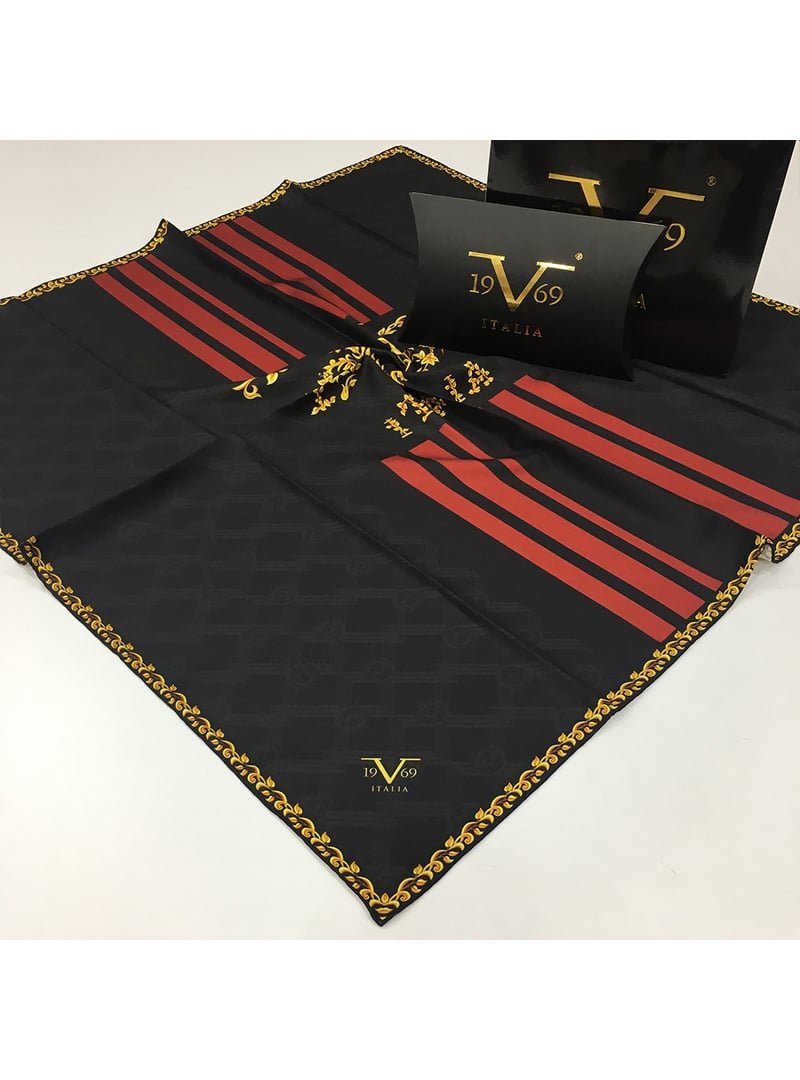 19v69 ITALIA Desenli Black Seri Twill Eşarp Askısı İle Birlikte 90x90 Cm Siyah Kırmızı Gold
