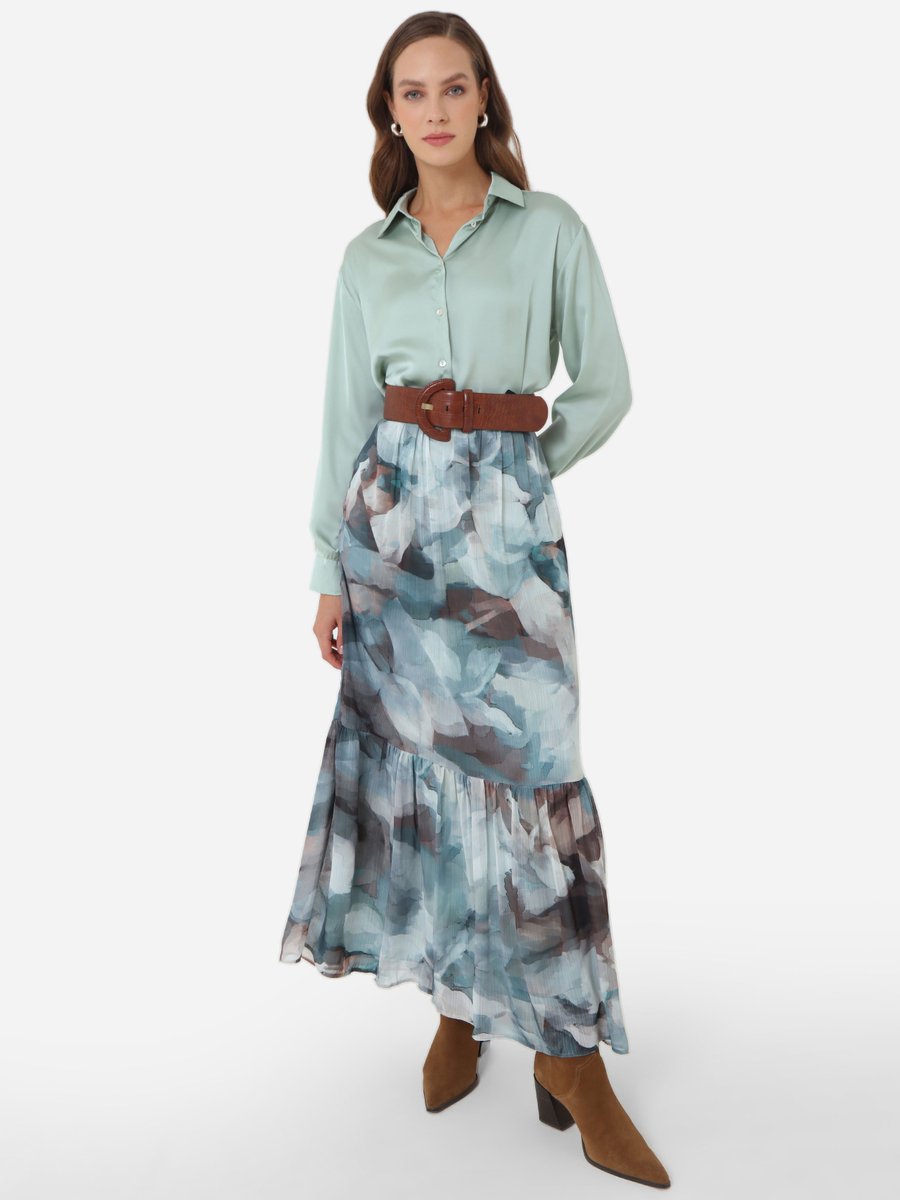 Refka Mavi Desenli Soyut Büzgü Detaylı Etek