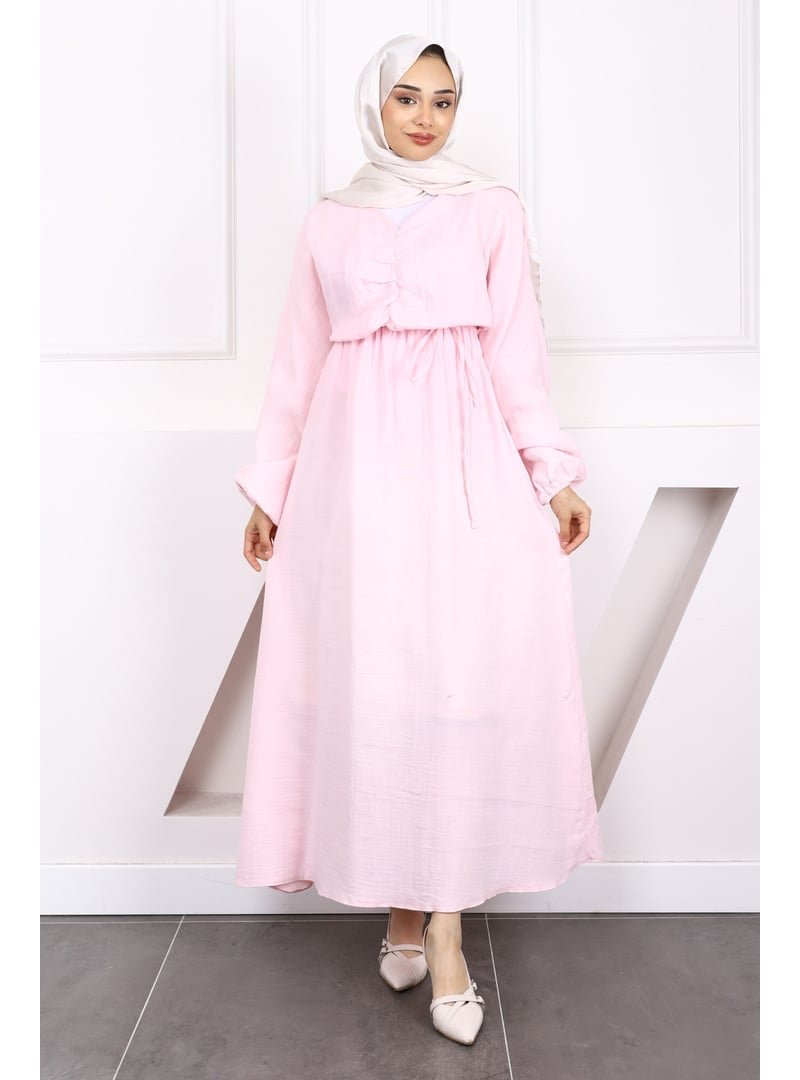 İmaj Butik Açık Pembe Önü Büzgülü Müslin Elbise İmaj Butik Açık Pembe Önü Büzgülü Müslin Elbise