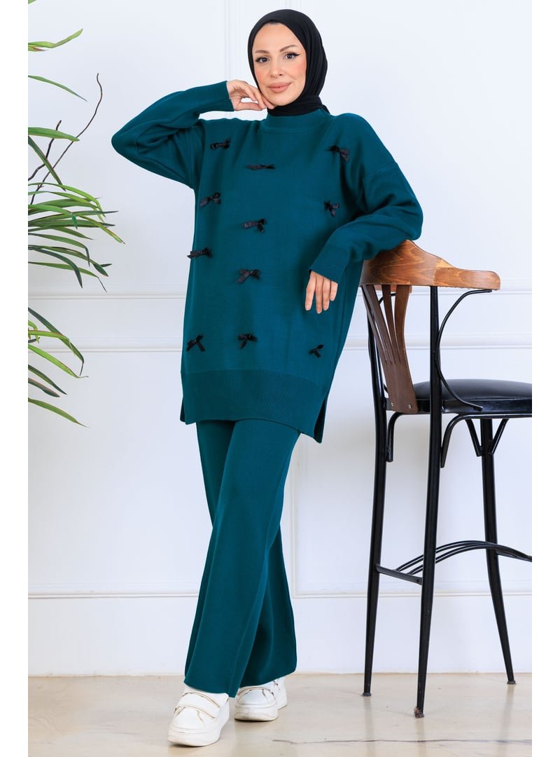 Benguen Zümrüt Yeşili Fiyonk Detaylı Triko Takım