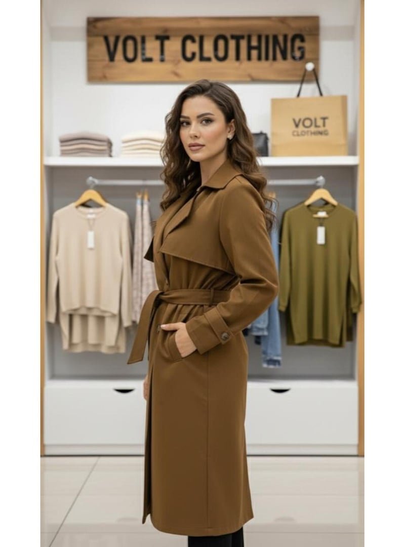 Volt Clothing Kahverengi Kruvaze Kuşaklı Trençkot