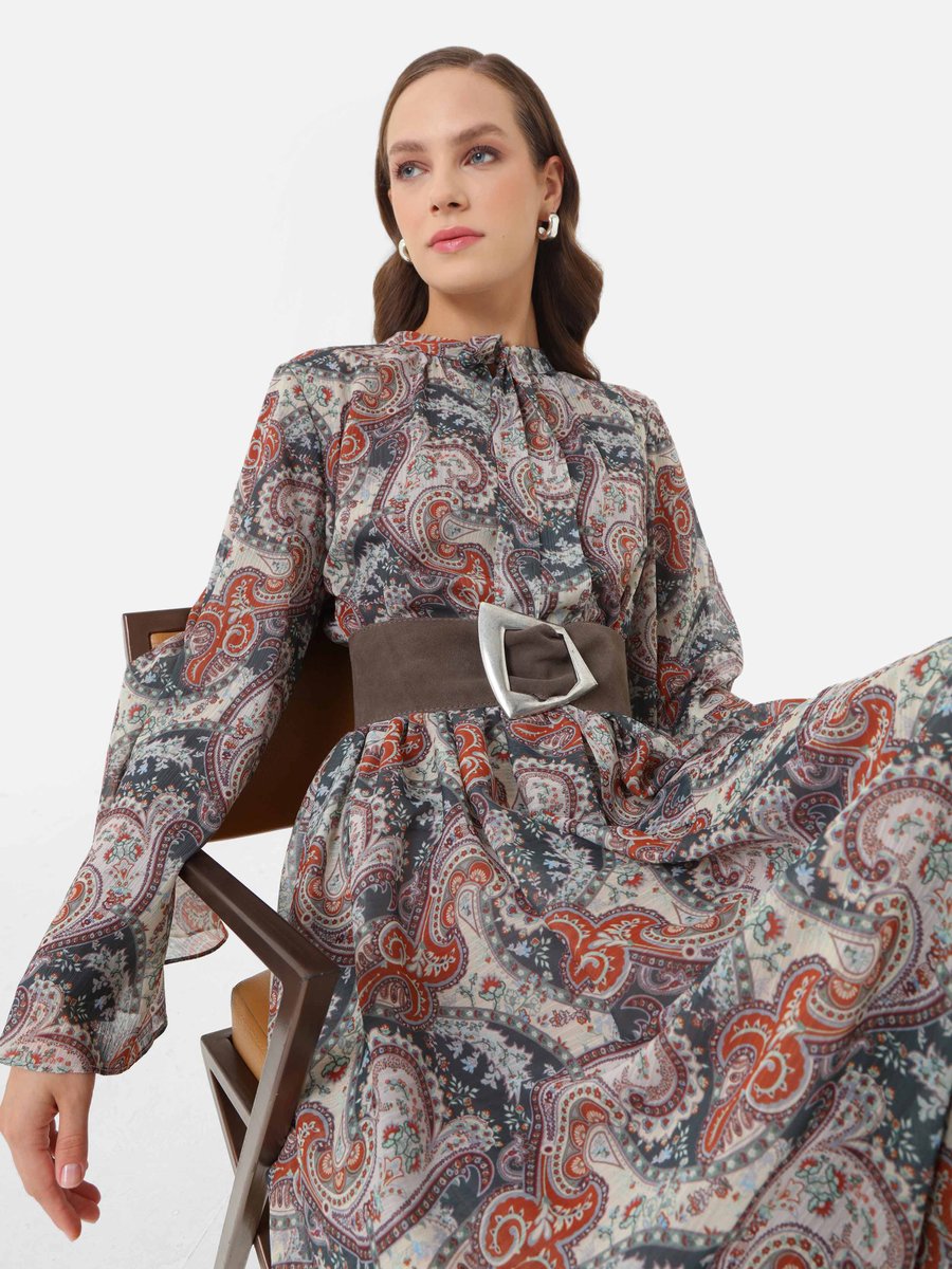 Refka Şal Desenli Önü Patlı Şifon Elbise Yesil