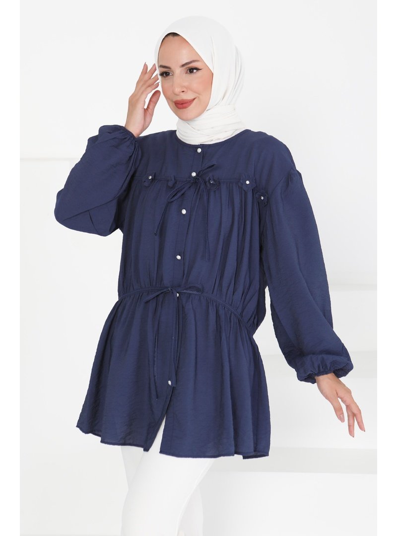 Tofisa Lacivert Lacıvert Çiçek İnci Detaylı Tunik