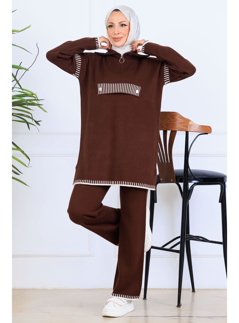 Benguen Kahverengi Yakası Fermuarlı Triko Takım