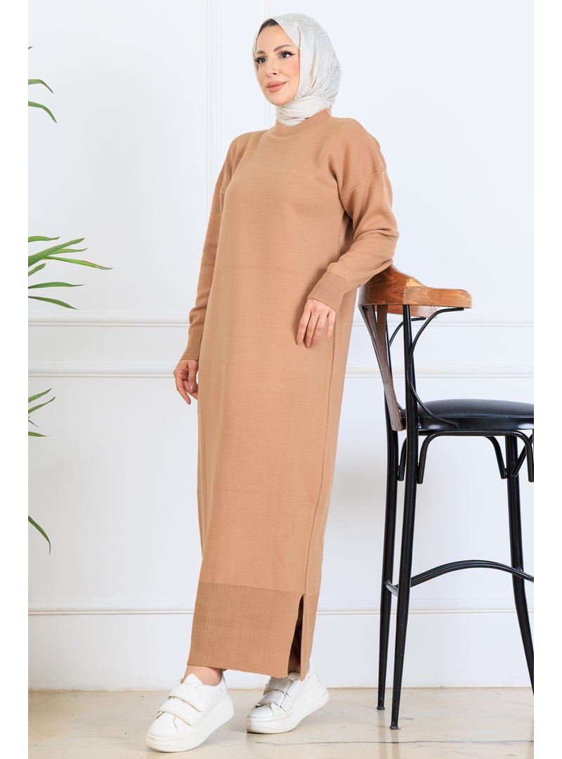 Benguen Vizon Yırtmaç Detaylı Triko Elbise