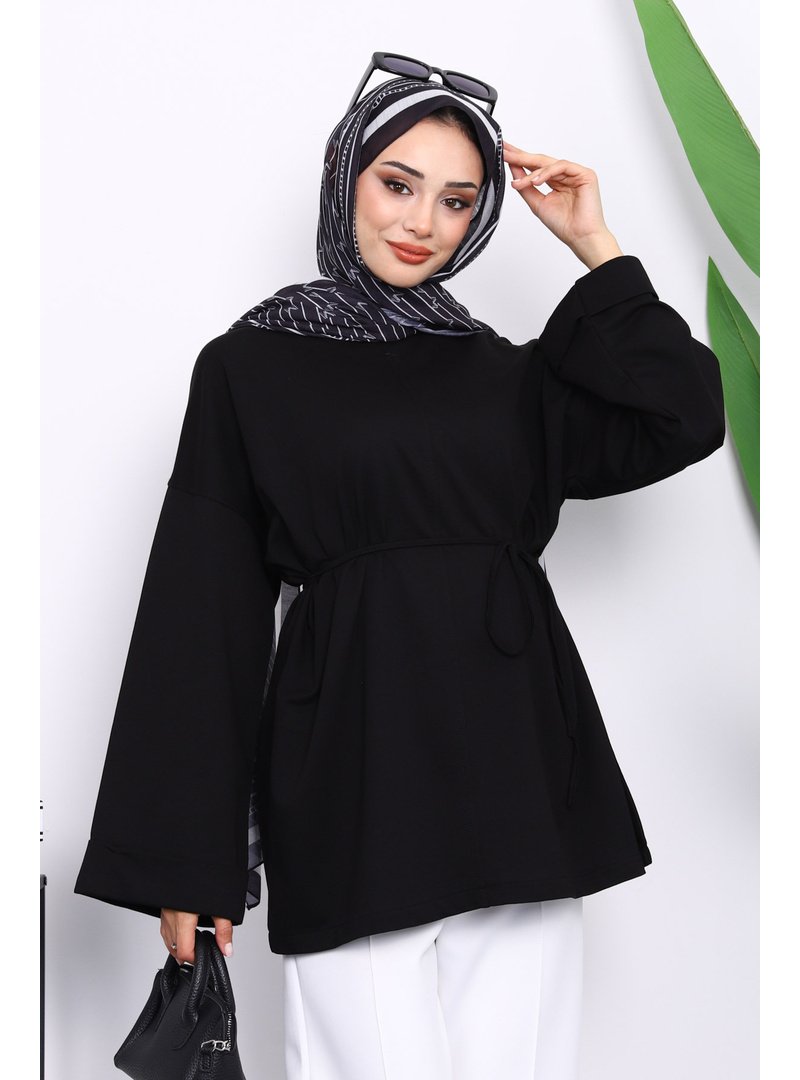 İmaj Butik Siyah Yanları Yırtmaçlı Bel İpli Tunik