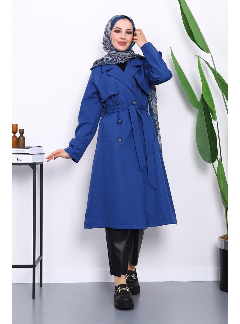 İmaj Butik Saks Mavi Kravuze Yaka Bel Kemerli Düğmeli Trençkot
