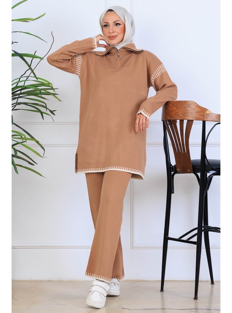 Benguen Vizon Yakası Fermuarlı Şerit Detay Triko Takım