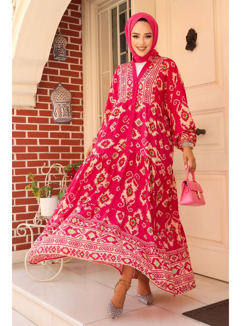 Neva Style Desenli Fuşya Elbise 23453f Neva Style Desenli Fuşya Elbise 23453f
