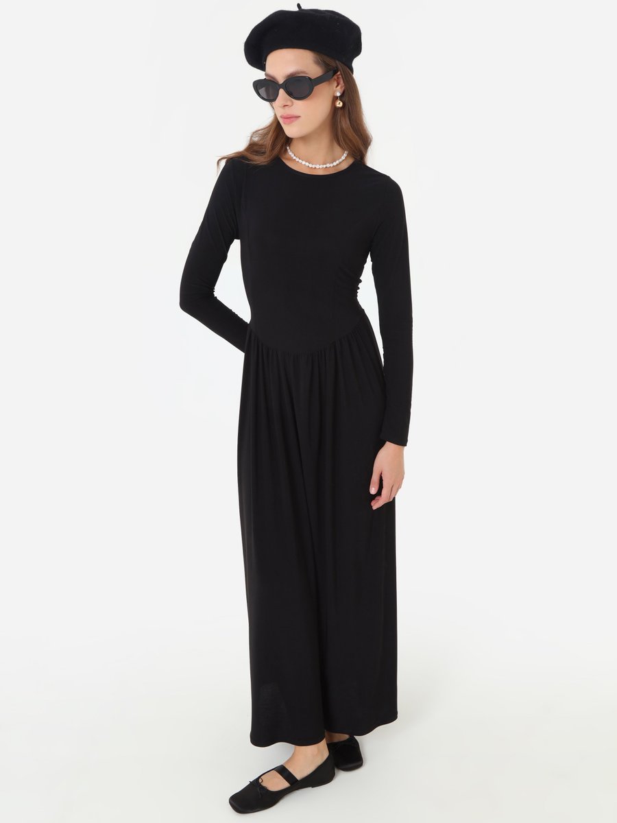 Refka Siyah Sandy Kumaşlı Beli Korse Detaylı Elbise