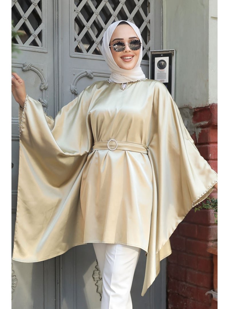 Neva Style Yarasa Kol Gold Saten Tunik 41443gold