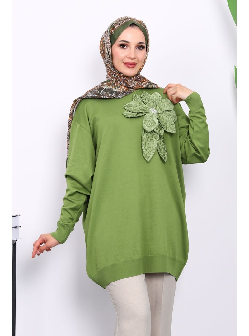 İmaj Butik Yeşil Soğuk İplik Çiçek Detaylı Triko Tunik