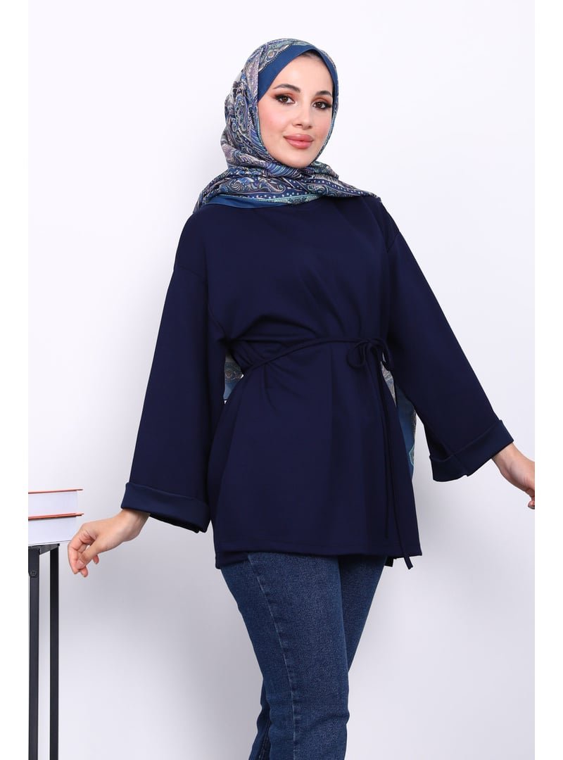 İmaj Butik Lacivert Yanları Yırtmaçlı Bel İpli Tunik