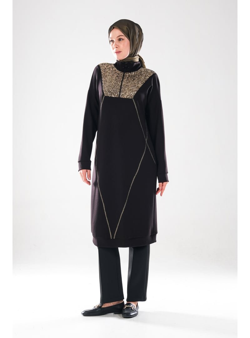 Plistre Altın Pul Payet Ve Dikiş Detaylı 2287_ Fermuarlı Dik Yakalı Uzun Kollu Tunik Elbise Plistre Altın Pul Payet Ve Dikiş Detaylı 2287_ Fermuarlı Dik Yakalı Uzun Kollu Tunik Elbise