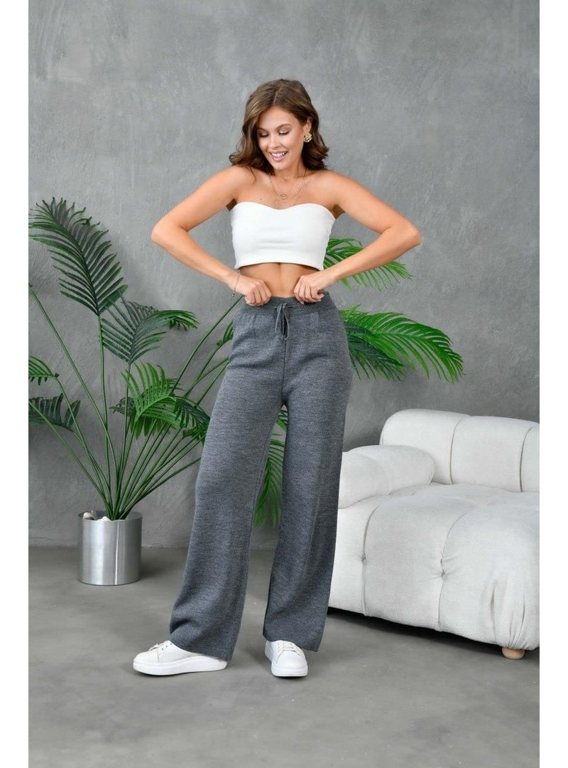 IŞŞIL Füme Fitilli Örme Palazzo Triko Pantolon IŞŞIL Füme Fitilli Örme Palazzo Triko Pantolon