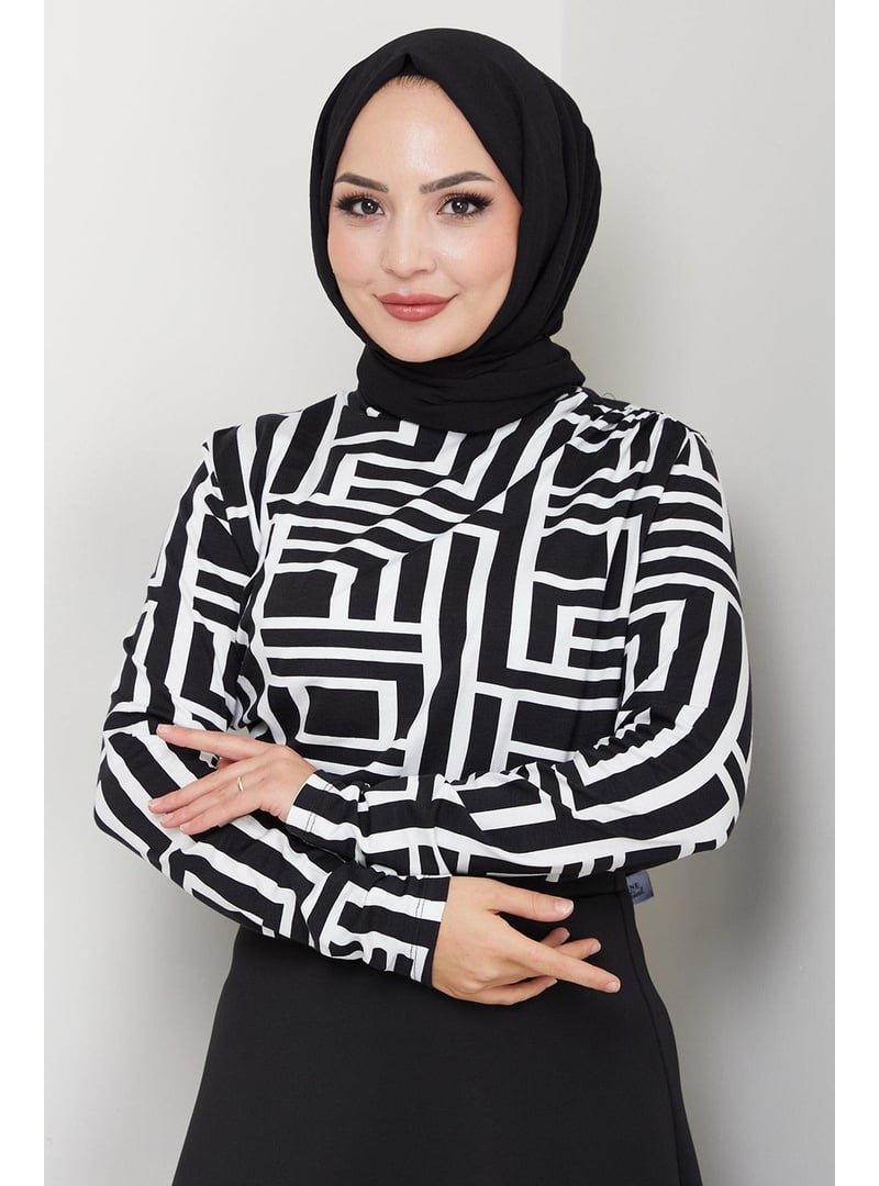 Hafsa Mina Beyaz Labirent Desenli Drapeli Body Hafsa Mina Beyaz Labirent Desenli Drapeli Body