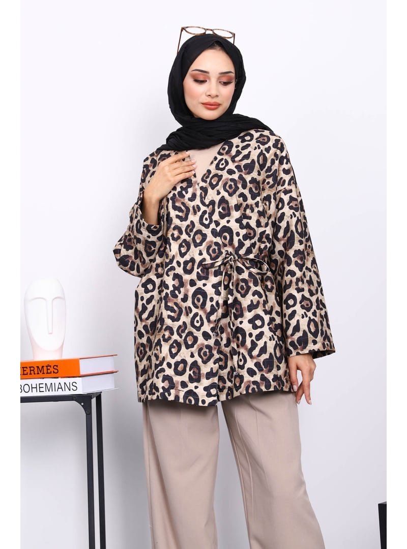 İmaj Butik Vizon Etnik Desenli Yan Bağlamalı Kimono Ceket