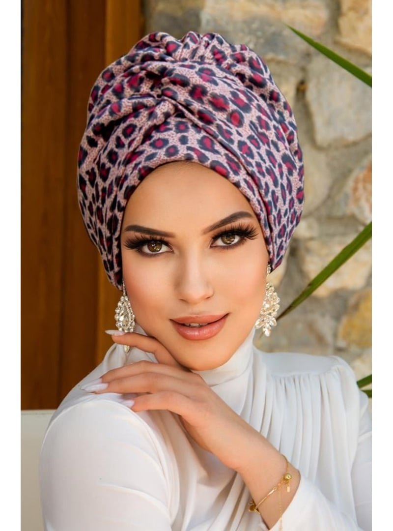 AİŞE TESETTÜR Bordo Leopar Burgu Detaylı Bone