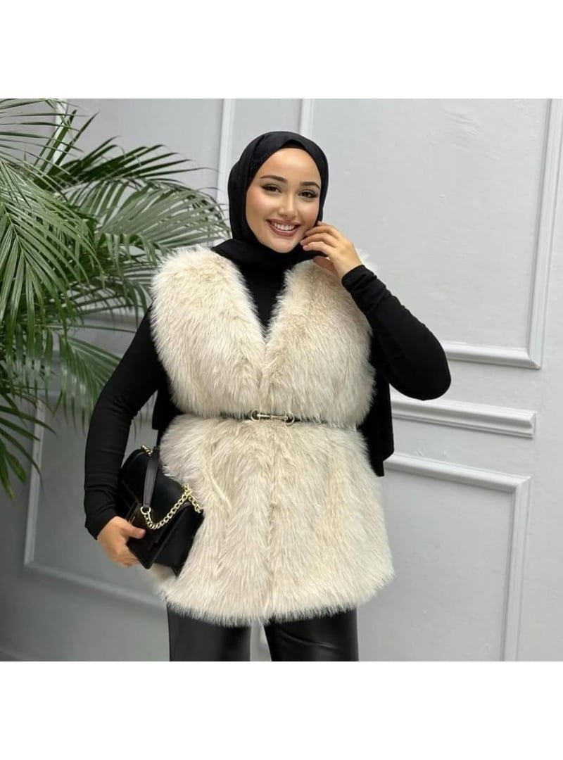 Harmatime butik Astarlı Kemerli Rahat Kalıp Kürk Krem Yelek
