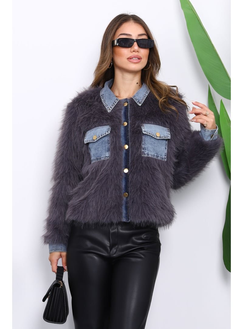İmaj Butik Füme Kot Detaylı Cepli Kürk Ceket