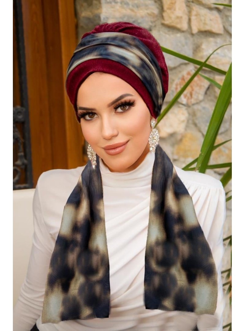 AİŞE TESETTÜR Bordo Kahve Batik Desen Fularlı Bone AİŞE TESETTÜR Bordo Kahve Batik Desen Fularlı Bone