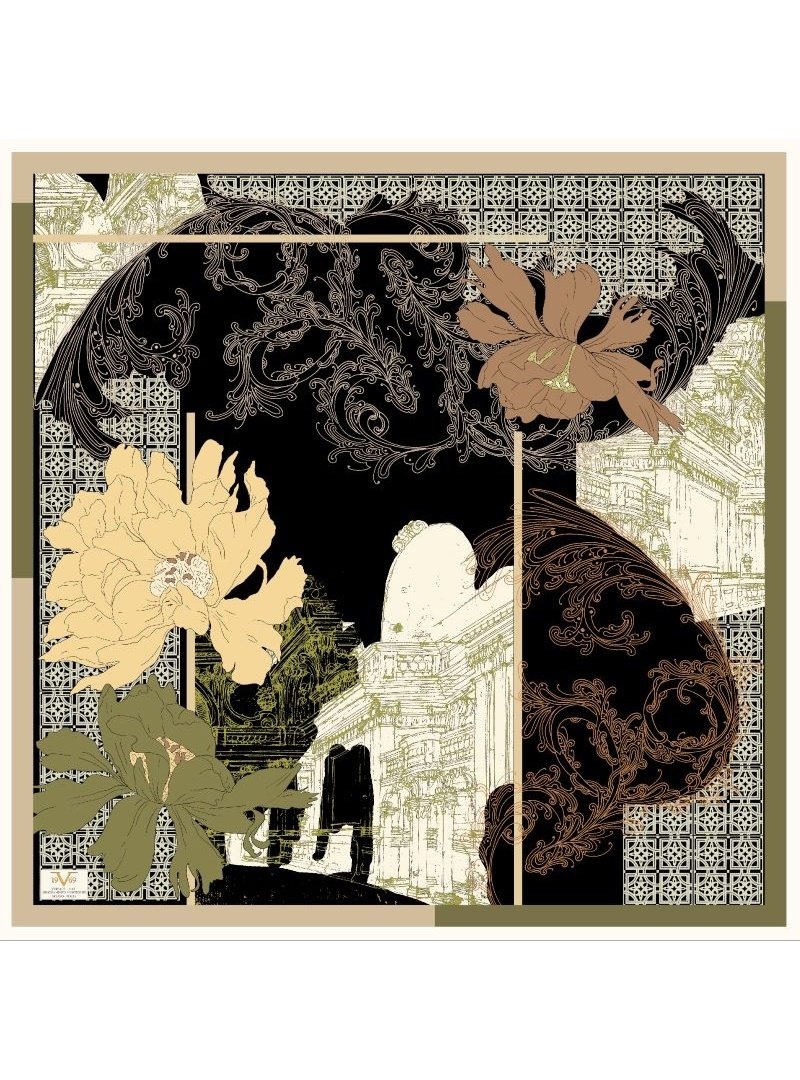 19v69 ITALIA Haki Desenli Kışlık İtalyan Şifon Eşarp Askısı İle Birlikte 110x110 Cm