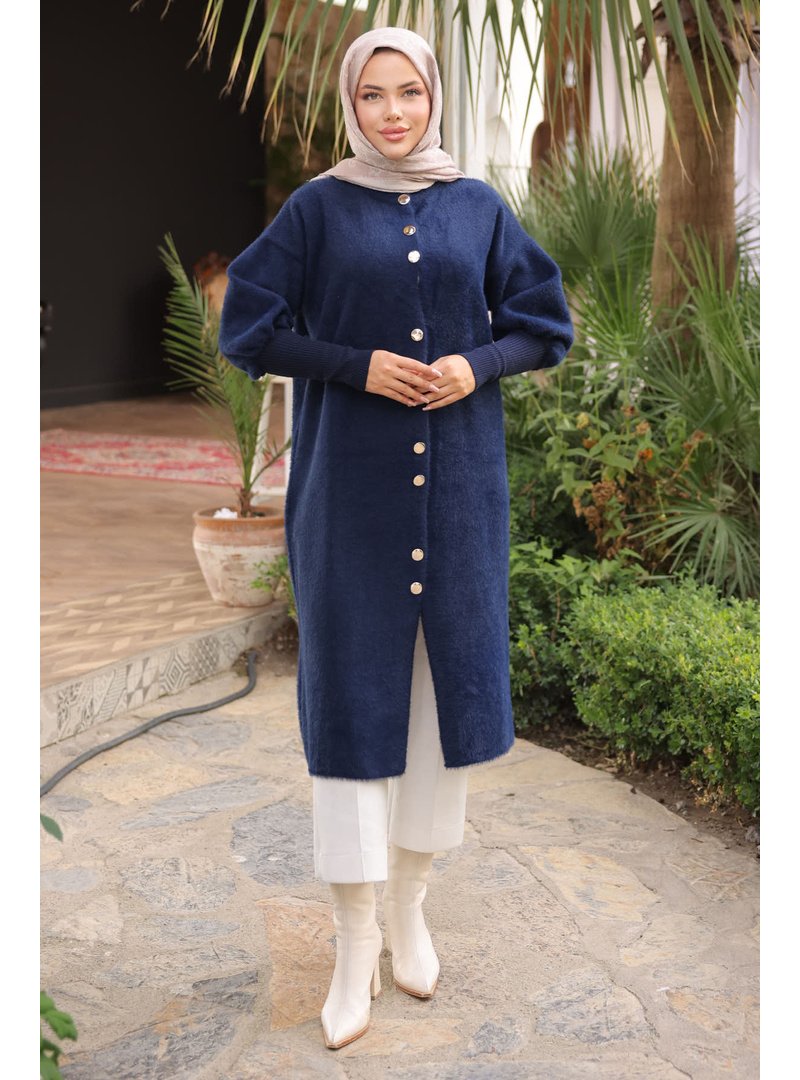 İmaj Butik Lacivert Hakim Yaka Angora Yumoş Kaban Hırka