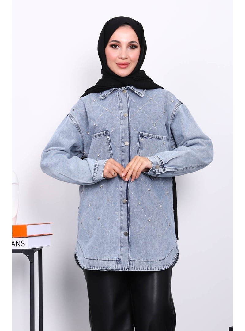 İmaj Butik Mavi Taş İşlemeli Kot Ceket