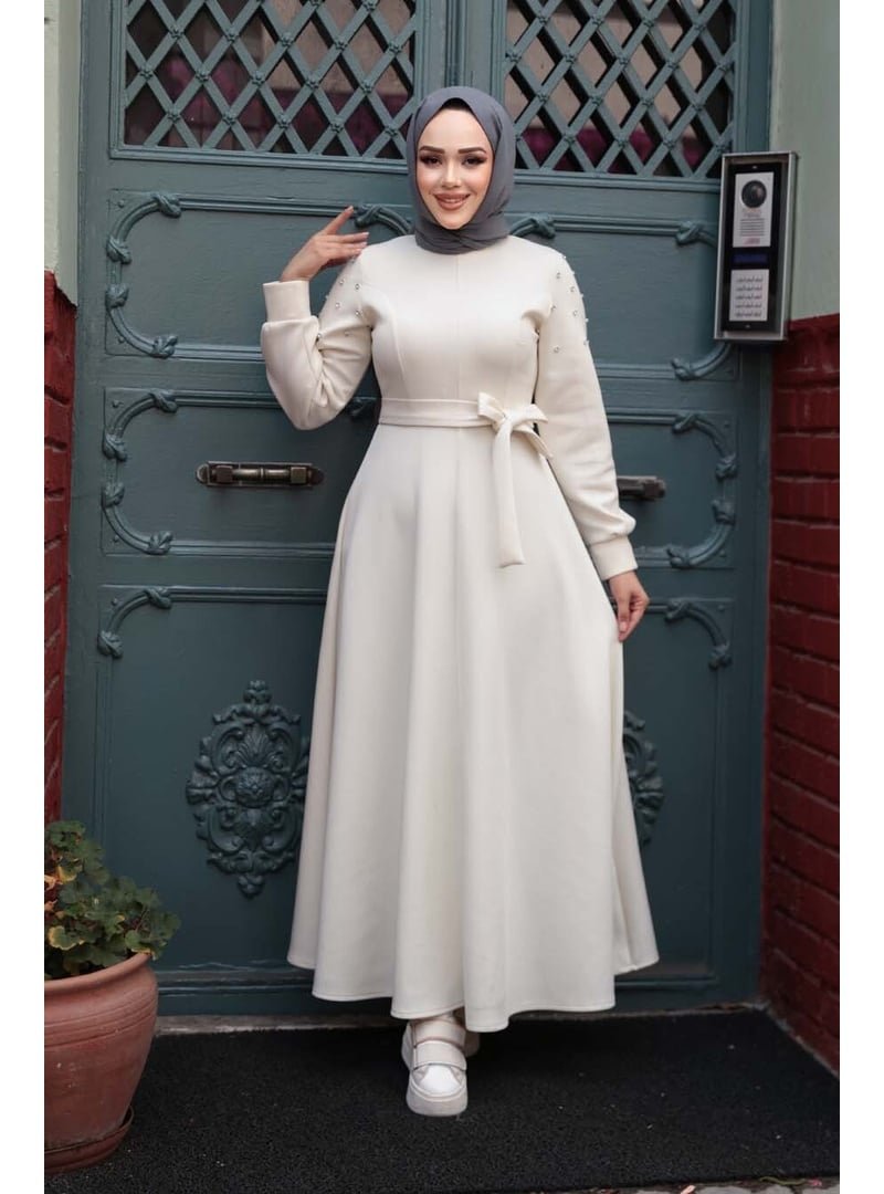 Neva Style Kolları Boncuk İşlemeli Ekru Elbise 23631e Neva Style Kolları Boncuk İşlemeli Ekru Elbise 23631e