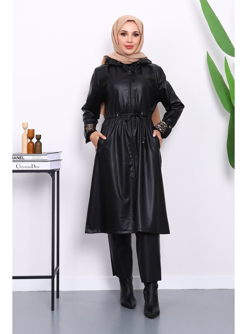 İmaj Butik Siyah Kapüşonlu Kolu Katlı Deri Trençkot