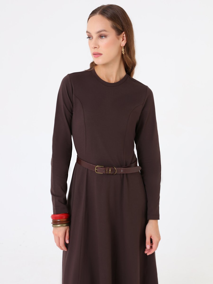 Refka Kahverengi Doğal Kumaşlı A Form Elbise