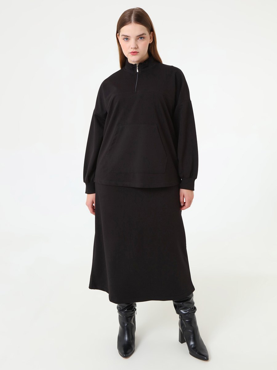 Alia Siyah Fermuarlı Kanguru Cep Detaylı Sweatshirt & Etek Büyük Beden Takım