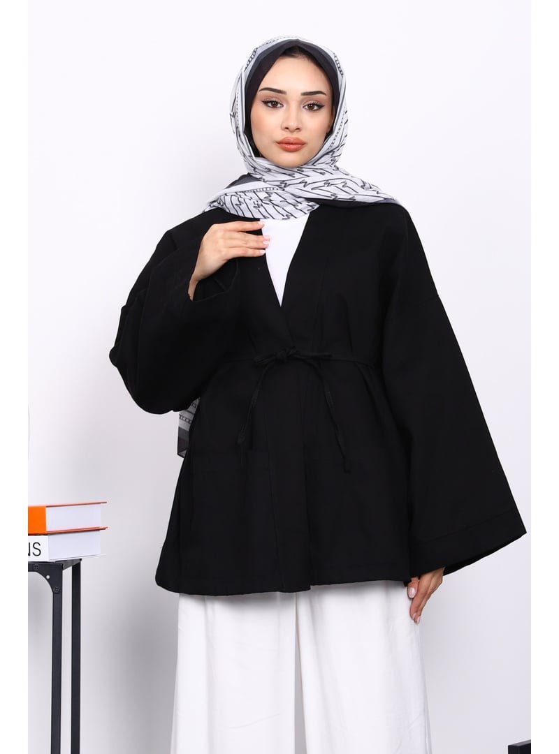 İmaj Butik Siyah Cepli İp Detaylı Kanvas Ceket