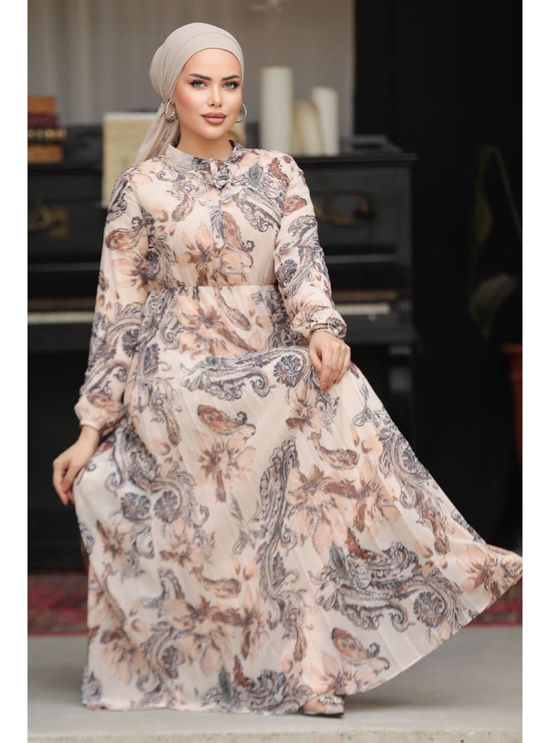 Neva Style Çiçek Desenli Bej Elbise 50355bej Neva Style Çiçek Desenli Bej Elbise 50355bej