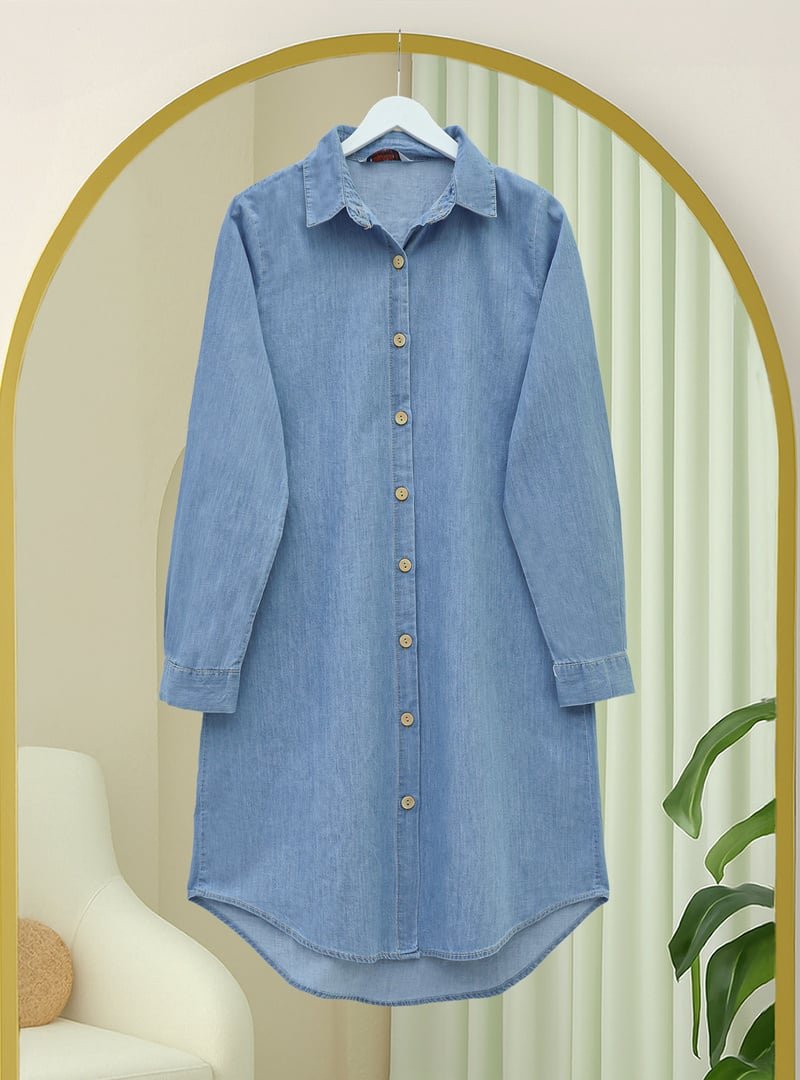 Podyumplus Açık Mavi Ahşap Düğmeli Uzun Kot Tunik Podyumplus Açık Mavi Ahşap Düğmeli Uzun Kot Tunik