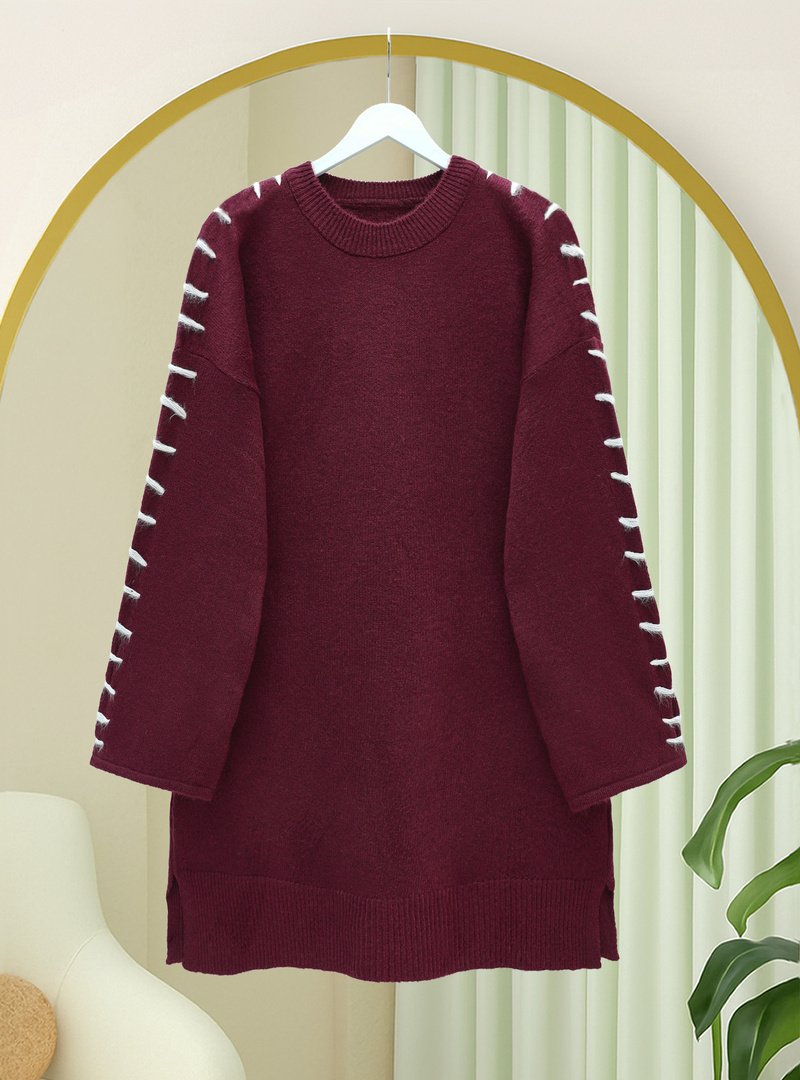 Podyumplus Bordo Kolları İpli Çizgili Yumoş Triko Tunik Podyumplus Bordo Kolları İpli Çizgili Yumoş Triko Tunik